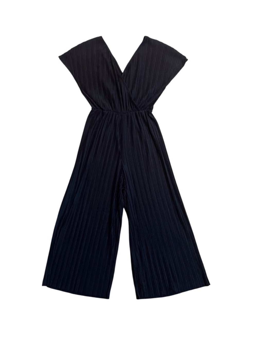 Bershka Black Pleated V‑Neck Crop Wide‑Leg Jumpsuit Size Small